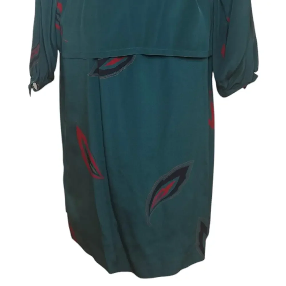 Vintage Albert Nipon 100% Silk Skirt Blouse Set with Belt Feather Print